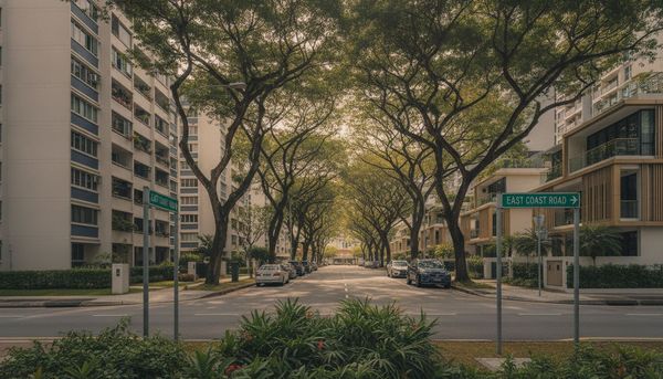 Representative East Coast residential street with HDB blocks and condominiums
